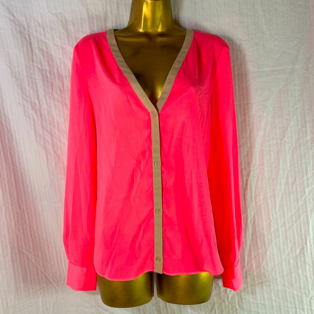 Victoria Secret Sz M Neon Pink Open Back Button Up Blouse Top Lightweight
